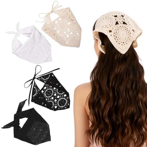 JATEBI 4-Pack Vintage Crochet Lace Triangle Head Scarves Women’s Hair Accessories