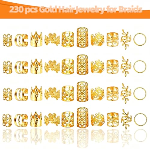 230 Pcs Adjustable Gold Hair Jewelry for Braids & Dreadlocks
