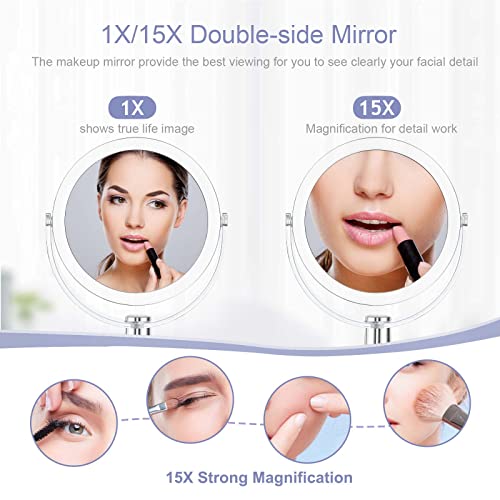 CLSEVXY Double-Sided Makeup Mirror - 1X/15X Magnification, 360° Swivel, 6.25 Inch Portable Tabletop Mirror