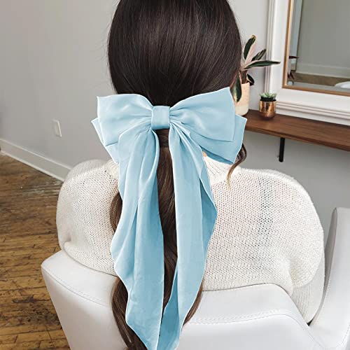 Large Silky Satin Blue Bow Hair Clip with Long Tails for Women