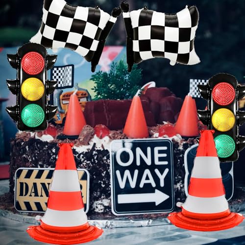 Race Car Birthday Party Decorations Set - 10 Foil Balloons & Traffic Cones