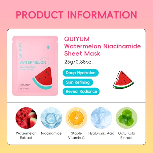 QUIYUM 14 Pack Watermelon Niacinamide Sheet Masks - Hydrating Facial Masks for All Skin Types