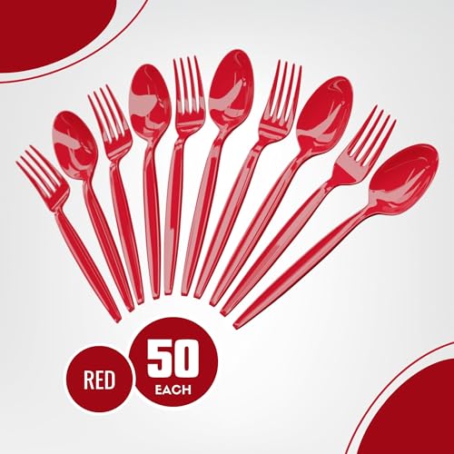 Red Plastic Spoon and Fork Set - 100 Durable Disposable Utensils