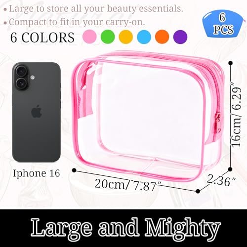 6 Multicolor Clear Makeup Bags - TSA Approved Travel Toiletry Pouches