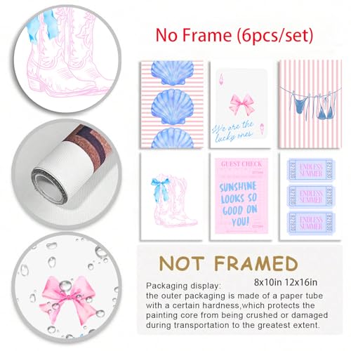 Coastal Cowgirl Wall Art Set - 6 Unframed Blue & Pink Prints