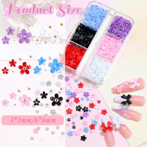 BELICEY 2 Boxes 3D Nail Charms Set with Bow Flowers, Colorful Acrylic Nail Art Supplies - Variation 03, 6 Colors