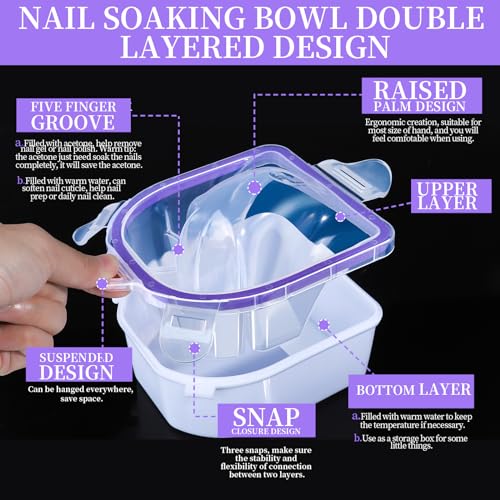 Fandamei Nail Soaking Bowl Purple - Gel Remover & Cuticle Kit with Files & Tools