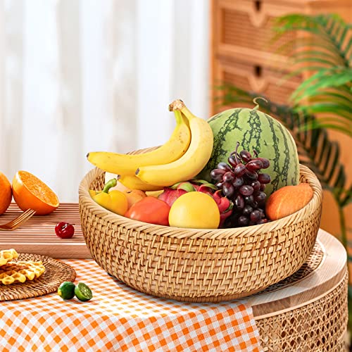 Natural Rattan Round Fruit Basket - Hand Woven Storage Bowl