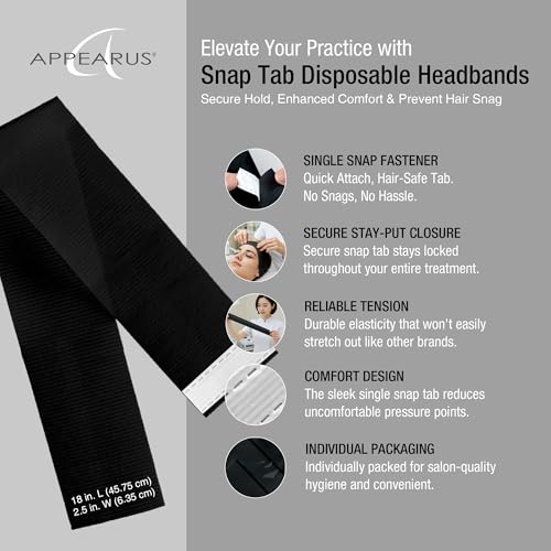 APPEARUS Disposable Black Facial Headbands - 50 Count, Hygienic Single Use, Latex-Free, Nonwoven Stretch Fabric for Salons & Spa