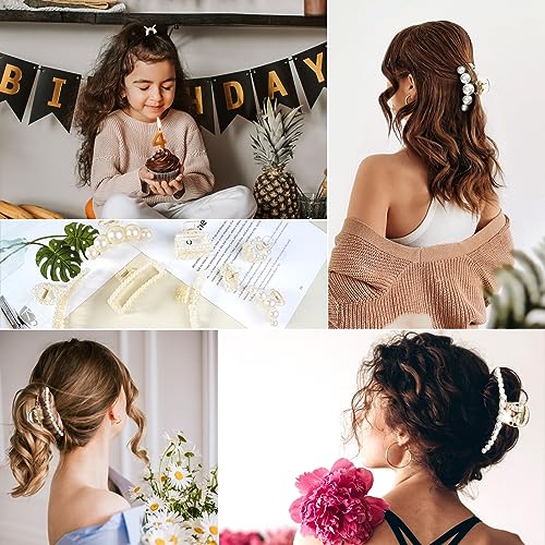 Pearl Hair Clips Set for Women - 8pcs Claw Barrettes for Thick & Thin Hair