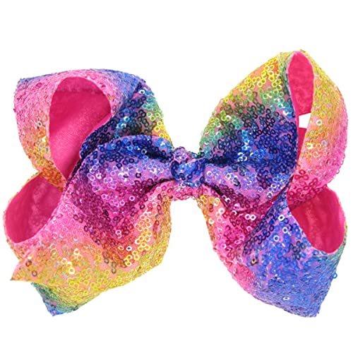 DIUEWOW Big Rainbow Sequin Hair Bows for Girls and Women - 8 Inches Glitter Alligator Clips & Pins, Pride & Festive Accessories