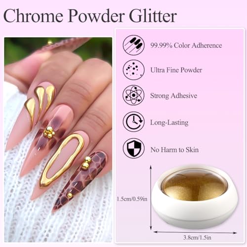 16 Jars Chrome Nail Powder Set with 8 Nail Art Brushes - Holographic Mirror Effect