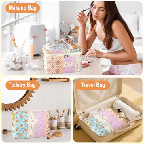 URSKYTOUS 3-Piece Floral Quilted Makeup Bag Set with Travel Organizer - Large & Small Cosmetic Pouches for Women, Portable Toiletry Bags, Cute Aesthetic Design