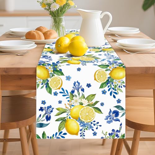 Lemon & Blue Floral Table Runner - 90 x 13 Inch Linen Fabric