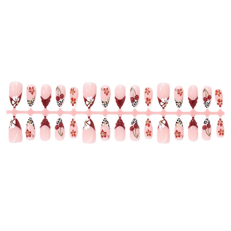 Press On Nails - Wine Red Medium Almond Fake Nails with Cherry, Leopard Print & Floral Design | 30 Pcs Reusable Manicure Set