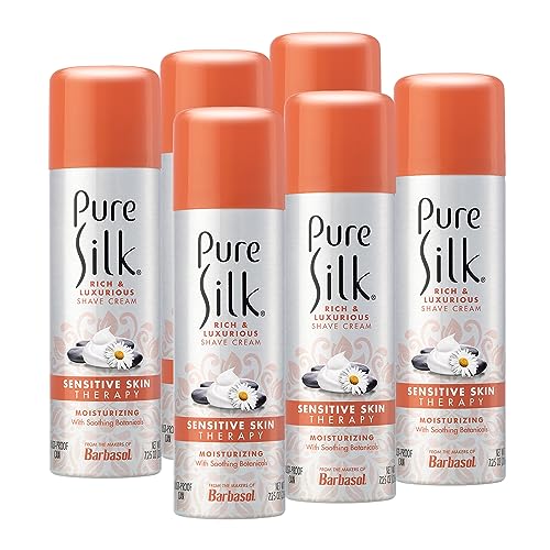 Pure Silk Sensitive Skin Shaving Cream for Women | Shave Cream Infused with Aloe, Papaya and Willow Bark | Smooth Glide Formula, Rust-Proof Can, USA Made | 7.25 Oz (Pack of 6)