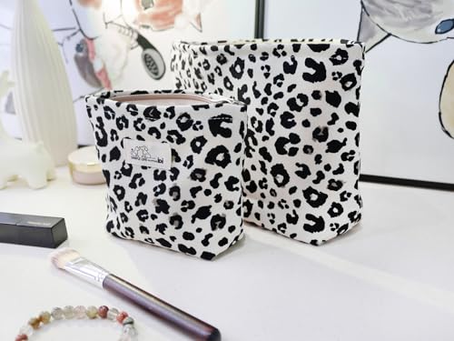 HAPPYHEIDI Large White Leopard Makeup Bag Set - 2 Travel Pouches