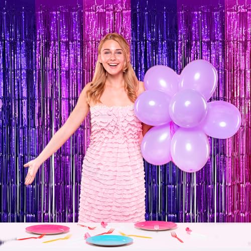 Purple Pink Foil Fringe Curtains - 2 Pack for Birthday Parties
