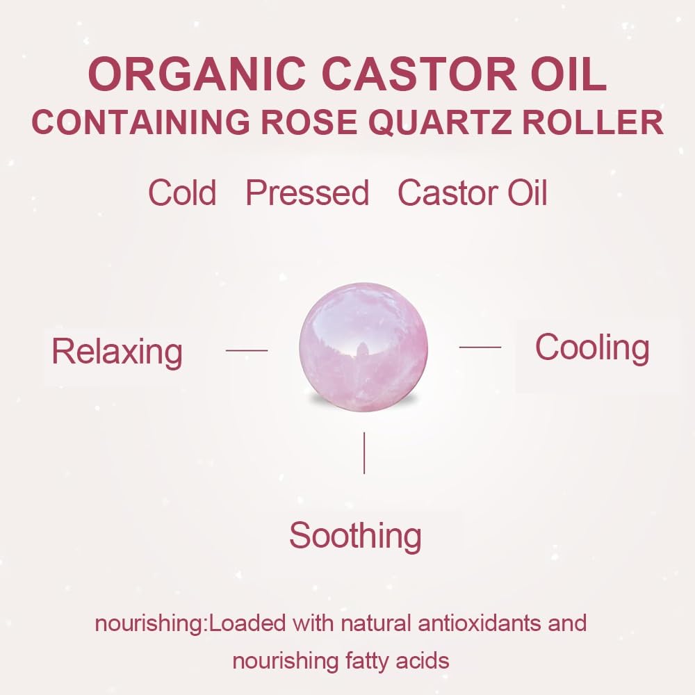 Organic Castor Oil with Rose Quartz Roller Ball, 100% Castor Oil Organic Cold Pressed for Hair, Face & Body Skin Moisturizing Care, Hexane-Free. 1.7 Fl Oz