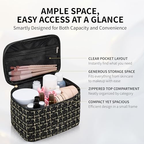 Luxury Tweed Makeup Bag for Women - Large Capacity Organizer