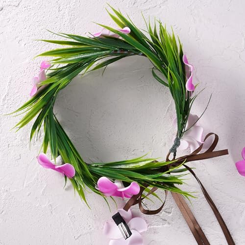 KorViSHOW Hawaiian Flower Crown Headband 3Pcs Pink A, Floral Hair Accessory Set