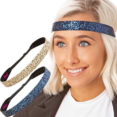Hipsy Adjustable No Slip Bling Glitter Headband 2-Pack - Navy Blue & Gold