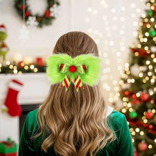 NFAMRZCAR 2-Pack Green Furry Christmas Hair Bow Clips for Women Girls