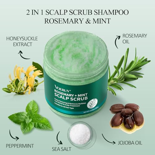 VOERUY Rosemary Scalp Scrub with Mint Oil - 2-in-1 Exfoliator & Treatment, 10.6oz