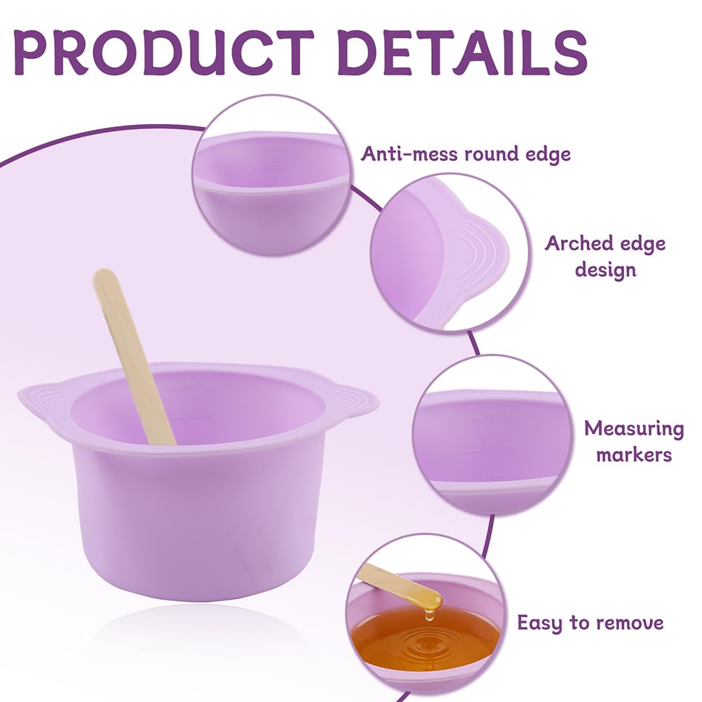 Silicone Wax Warmer, 3pcs Reusable Silicone Wax Bowl for Waxing Replacement Non-Stick Easy to Clean Wa-x Pot Replacement with 50 Pcs Spatula Sticks for Hair Removal