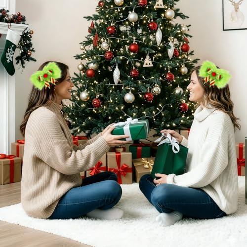NFAMRZCAR 2-Pack Green Furry Christmas Hair Bow Clips for Women Girls