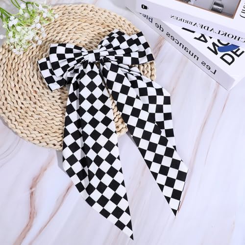 Checkered Bow Clips for Women - Black and White Racing Hair Accessory