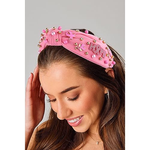Beaded Hope Pink Ribbon Knotted Headband for Breast Cancer Awareness