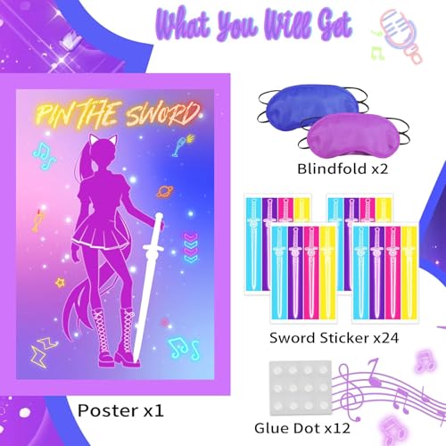 AFZMON Purple Kpop Birthday Party Game - Pin The Sword Set