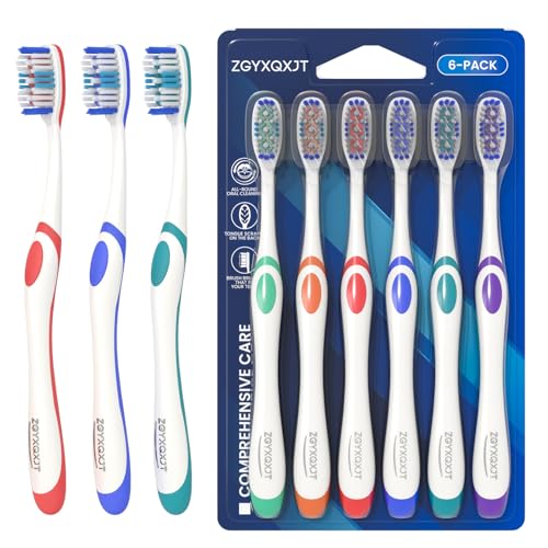Wave-Shaped Manual Toothbrush with Tongue Cleaner - 6 Pack