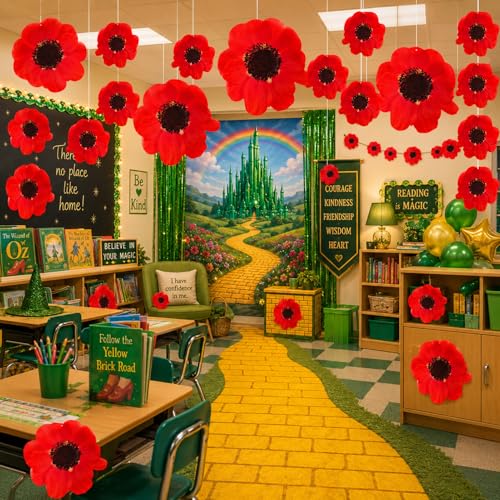 22 PCS Red Poppy Hanging Decorations for Classroom & Parties
