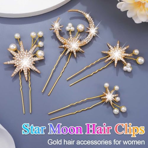 Gold Star Moon Hair Pins - Bridal Hair Accessories, Pack of 4