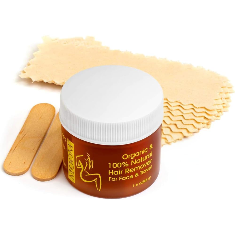 MOOM Facial Sugar Wax Hair Removal Kit Travel Size - Eyebrow Wax for Chin, Lip & Facial Hair Removal - Sugaring Wax with Tea Tree Oil, 1.6 oz wax Jar with 6 Reusable Wax Strips & 2 Applicator Sticks