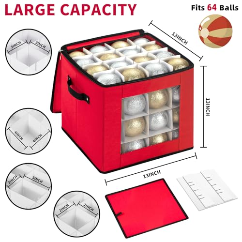 DIMESHY Christmas Ornament Storage Box for 64 Ornaments with Adjustable Dividers