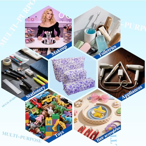 3-Piece Floral Quilted Makeup Bag Set - Cotton Cosmetic Travel Organizer