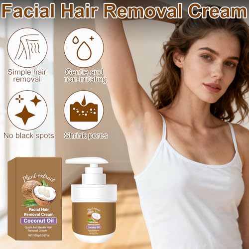 Coconut Oil Facial Hair Removal Cream for Women - Removes Hair From Chin, Upper Lip, Plant Extract, Mild and Non-Irritating (3.52oz)