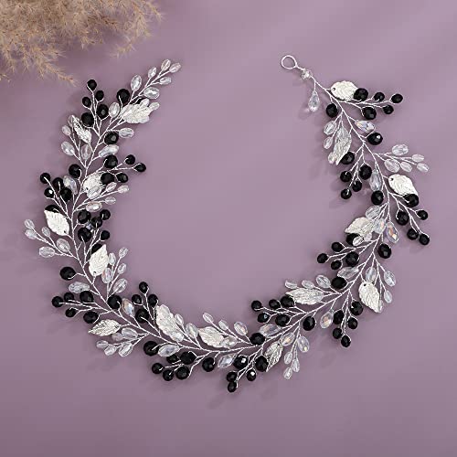 Black Crystal Bridal Hair Vine - Handmade Rhinestone Leaf Headband