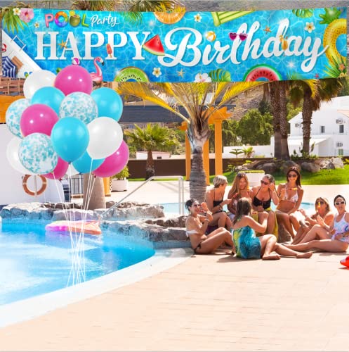 Hawaiian Happy Birthday Pool Party Banner with 30 Balloons - 9.8ft