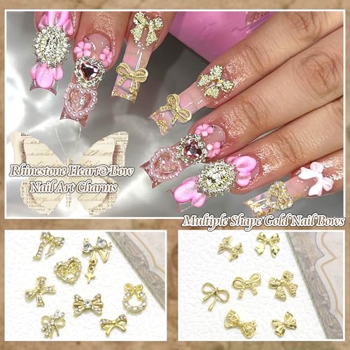 RODAKY 58PCS Gold Crystal Bow Nail Charms for Nail Art & Decor