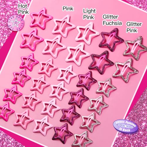 YGDZ 30PCS Y2K Pink Star Hair Clips Set - Glitter Barrettes & Snap Clips