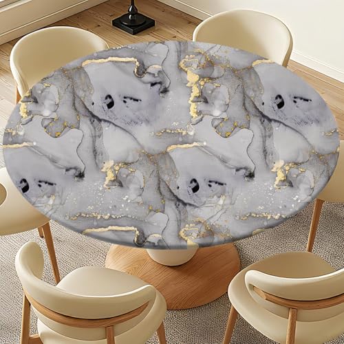 Elastic Edge Round Tablecloth for 36-44" Tables - Wrinkle-Resistant Polyester, Marble Design