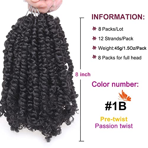 ZRQ 8 Inch Short Passion Twist Crochet Hair - 8 Packs Pre-Twisted Bob Style, 1B#