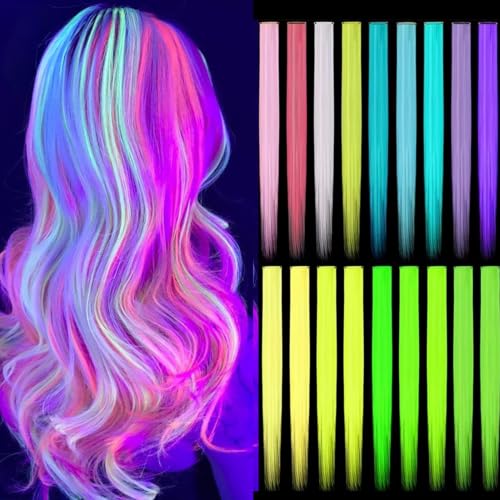 Glow-in-the-Dark Clip-In Hair Extensions | 20-Inch Rainbow Synthetic Hairpieces for Festivals