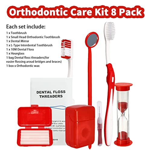 Ceonam Red Orthodontic & Dental Braces Cleaning Travel Kit with Floss & Mirror