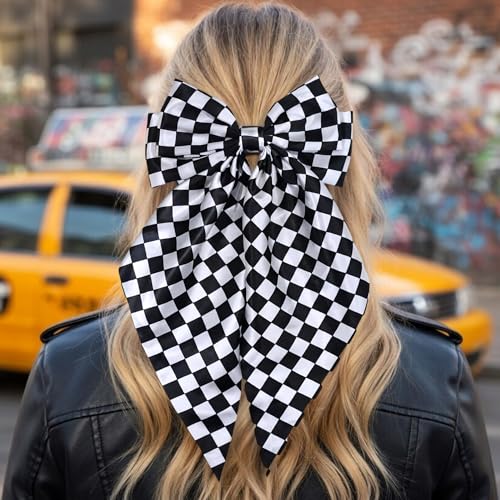Oversized Black and White Checkered Hair Clip with Bow
