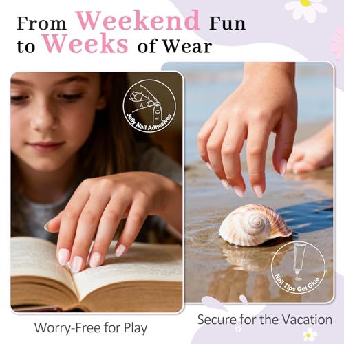 QIEK Kids Press On Nails French Purple Flower - 16 Sizes, Safe & Non-Toxic